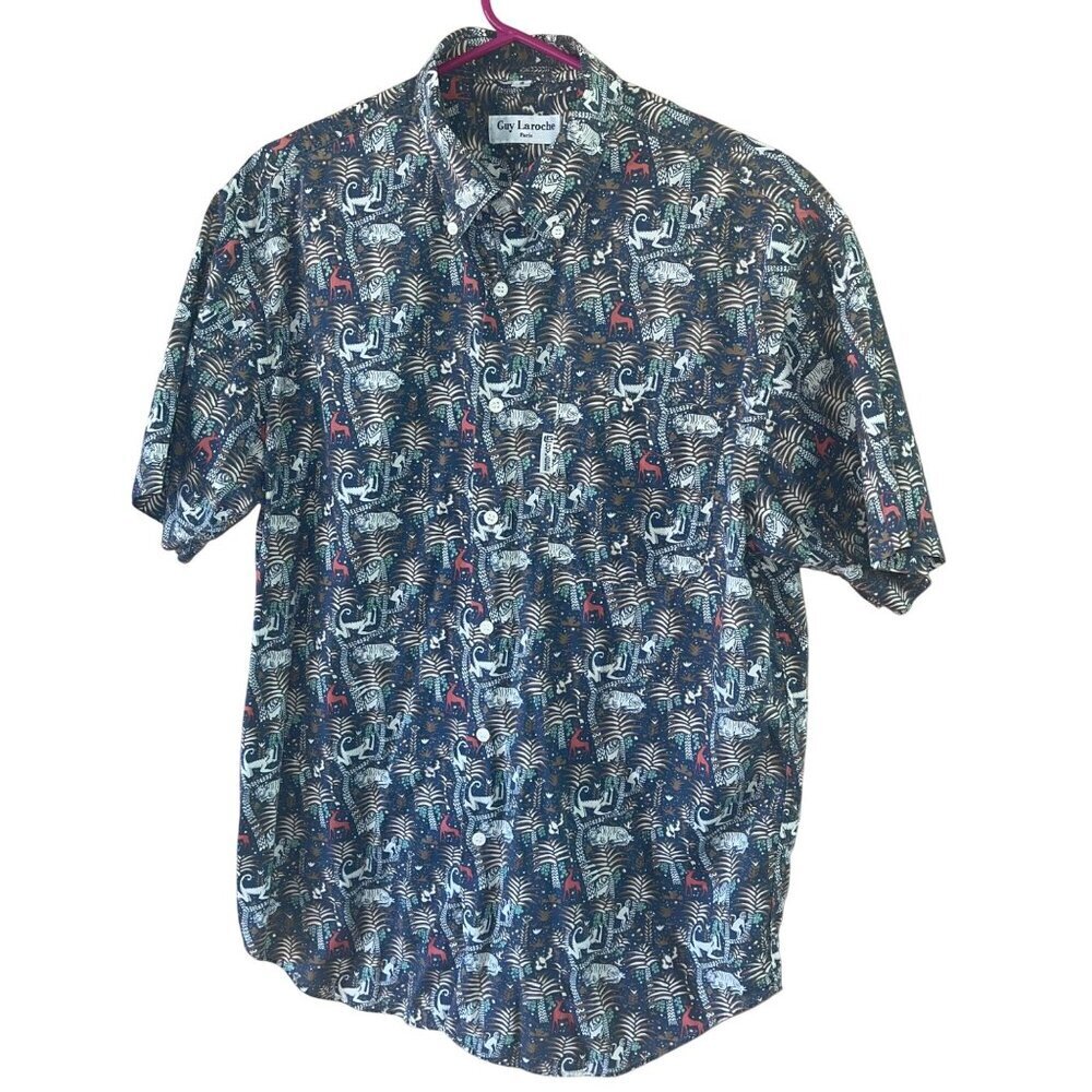Guy Laroche Vintage Mens Shirt Size Large Multicolor Short Sleeve Button Down